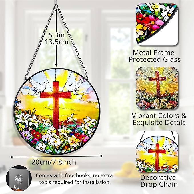 Stained Glass Window Hanging, 7.8 in Cross White Dove Suncatcher, Stained Glass Home Decor, Decorative Ornament Boho Wall Art, Ideal Gift for Mom Grandma Religious Christian Families