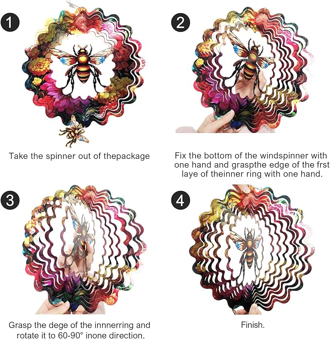 Bee Wind Spinners for Yard and Garden,12 inch Large Metal Wind Spinner Hanging Gifts for Women/Men, Magical 3D Kinetic Wind Sculptures for Indoor/Outdoor Decorations (Bee)