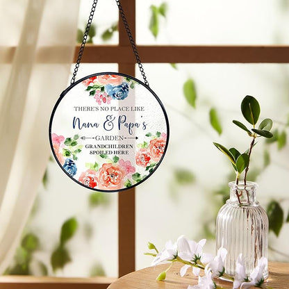 Patio Nana and Papa Gifts Suncatchers Stained Glass Window Hanging, Grandparents Gifts from Grandkids Sun Catchers Indoor Window, Grandma and Grandpa Gift, 7.9x7.9in