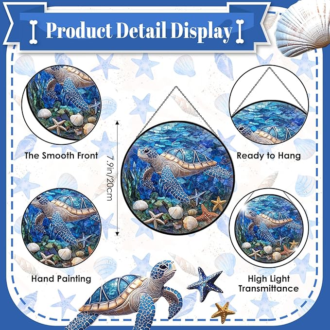 Sea Turtle Suncatcher Decor - Sea Turtles Gifts for Women - Turtles Stained Glass Window Hanging for Turtle Lovers - Blue Sea Glass Wall Art Home Decor Outdoor Garden for Women, Moms, Beach Lovers