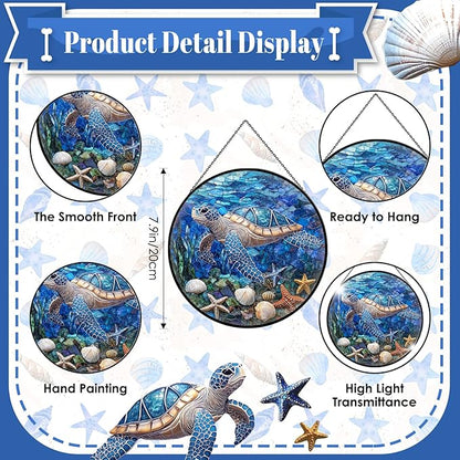 Sea Turtle Suncatcher Decor - Sea Turtles Gifts for Women - Turtles Stained Glass Window Hanging for Turtle Lovers - Blue Sea Glass Wall Art Home Decor Outdoor Garden for Women, Moms, Beach Lovers