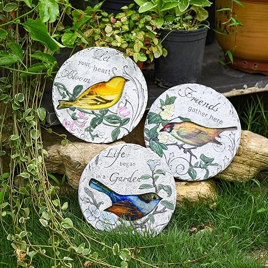 Sungmor 3PC Pretty Garden Stepping Stones, 9.5" Large Concrete Decorative Stones with Beautiful Pattern, Unique Outdoor Lawn Accents, Yard Walkway Flower Bed Wall Shelf Welcome Friends Decorations