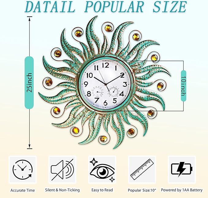 COOZZUHOUR 25 Inch Metal Sun Outdoor Shaped-Clock with Thermometer and Hygrometer Combo, Battery-Powered 10-inch Waterproof Dial and Silent Quartz Movement for Home Decorative Gifts(Cyan)
