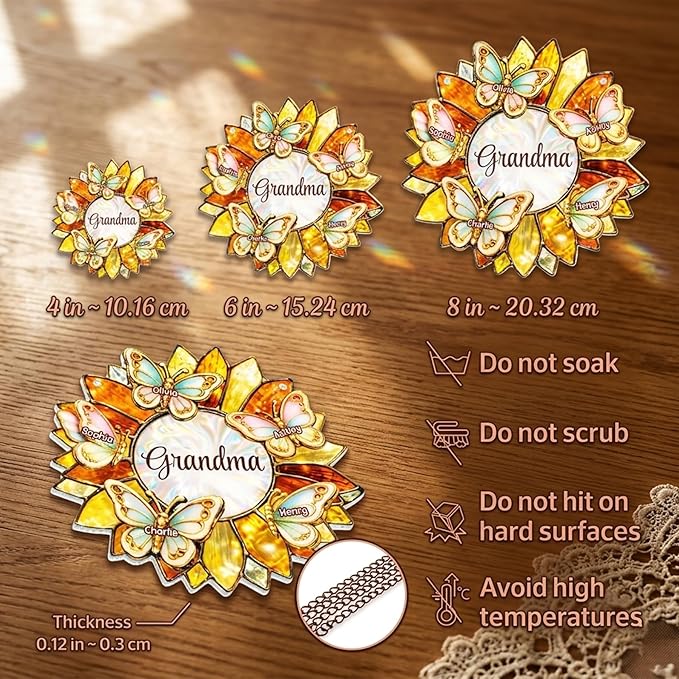 Personalized Grandma Stained Glass Suncatcher, Custom Butterfly Sunflower Window Hanging with Kids Names, Decorative Hanging Ornament for Window Home Decor, Gift for Mother’s Day