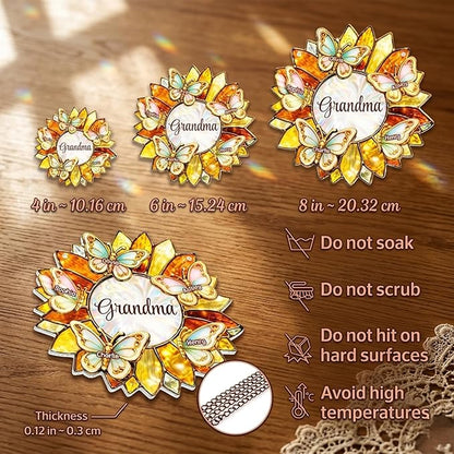 Personalized Grandma Stained Glass Suncatcher, Custom Butterfly Sunflower Window Hanging with Kids Names, Decorative Hanging Ornament for Window Home Decor, Gift for Mother’s Day