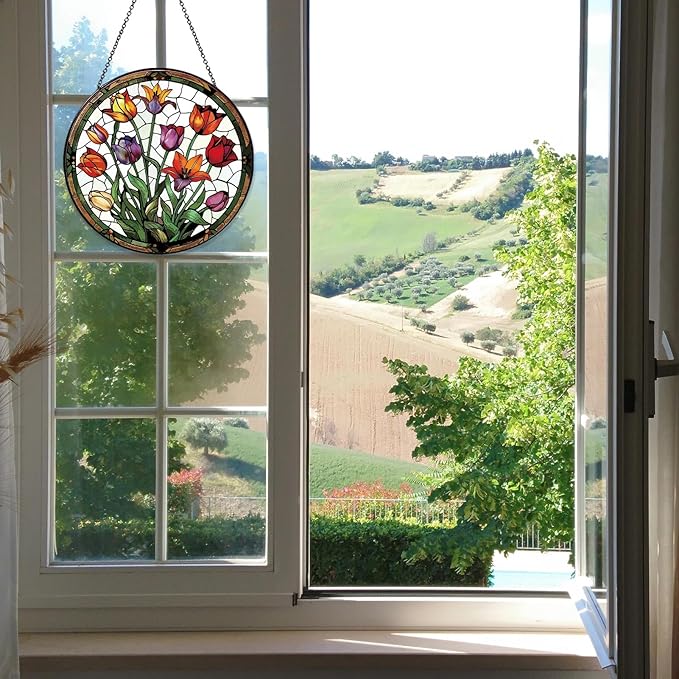 Tulip Stained Glass Window Hanging Botanical Sun Catcher Decor Tulip Lover Gifts for Women Christmas Suncatchers for Home Windows Hanging Decoration, 7.87inch