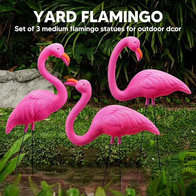 JOYIN 3 Pack Large Pink Flamingo Yard Decorations, Medium Plastic Lawn Flamingo Ornament Stakes with Rubber Coating Metal Legs for Yard, Garden, Luau Party Gift (11in x 20in)