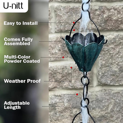U-nitt Rain Chain Water Collection for Gutters Rainwater Catcher & Diverter, 8.5 FT Chains for Outside Garden, Multi Color Cups, Roof Downspout, Works with Heavy Rain, w/Gutter Clip for Rainchains
