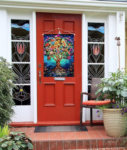 Floral Tree of Life House Flag 28x40 Inch Double Sided Outside, Stained Glass Spring Summer Large Burlap Yard Flag Double Sided Outdoor Decoration