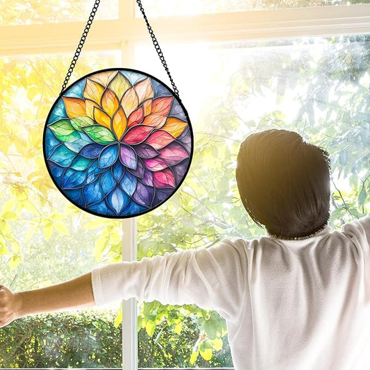 DASTOLL Stained Glass Window Hanging, Colorful Flower Petals Sun Catchers Diamond Glass Panel Hangings Suncatcher Decor for Birthday for Women, Men, Wife, Aunt, and Mom 6.3 in