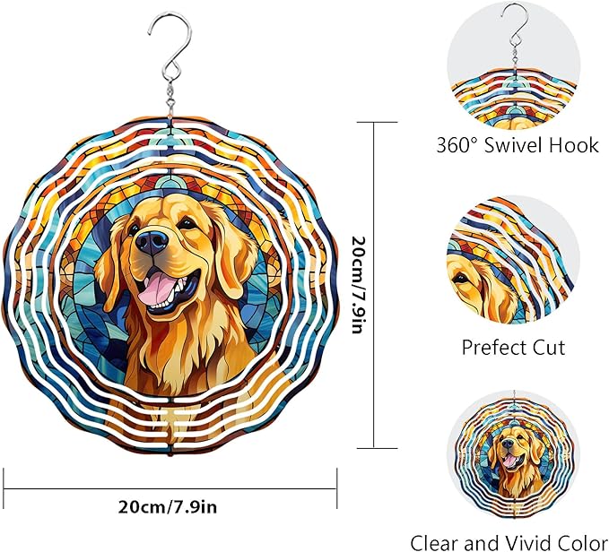 Golden Retriever Wind Spinner Pet Dog Memorial Gifts, Vibrant 3D Kinetic Aluminum Metal Hanging Outdoor Garden Decor, Loss of Dogs Sympathy Gifts, 8" Wind Sculptures for Patio, Porch Yard Art (GR7)