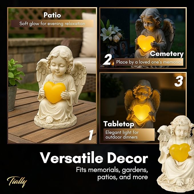 TIALLY Solar Garden Angel Statue – Praying Guardian Angel Statue Light for Outdoor Yard Decor, White Resin Garden Sculpture with Soft Glow for Angels Memorial or Cemetery Use