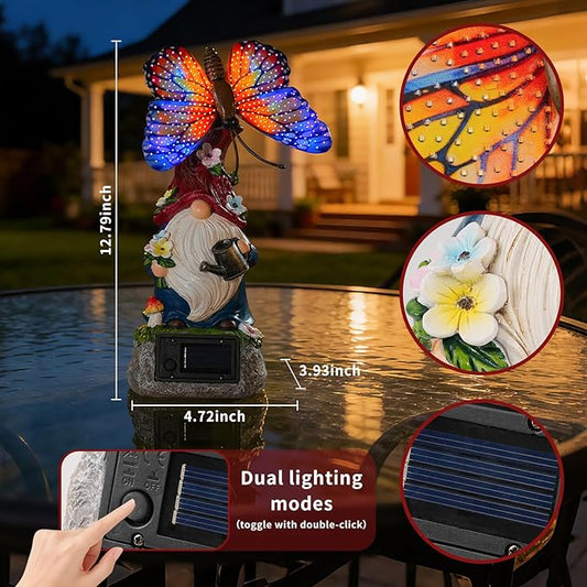 WSgift Garden Gnome Statues Solar-Powered Butterfly Resin Figurine Waterproof Outdoor Decor Mother's Day Orange
