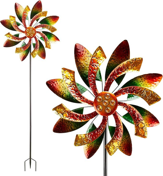 Alpine Corporation 64" Tall Floral Windmill Stake with Jeweled Kinetic Spinner, Green and Orange