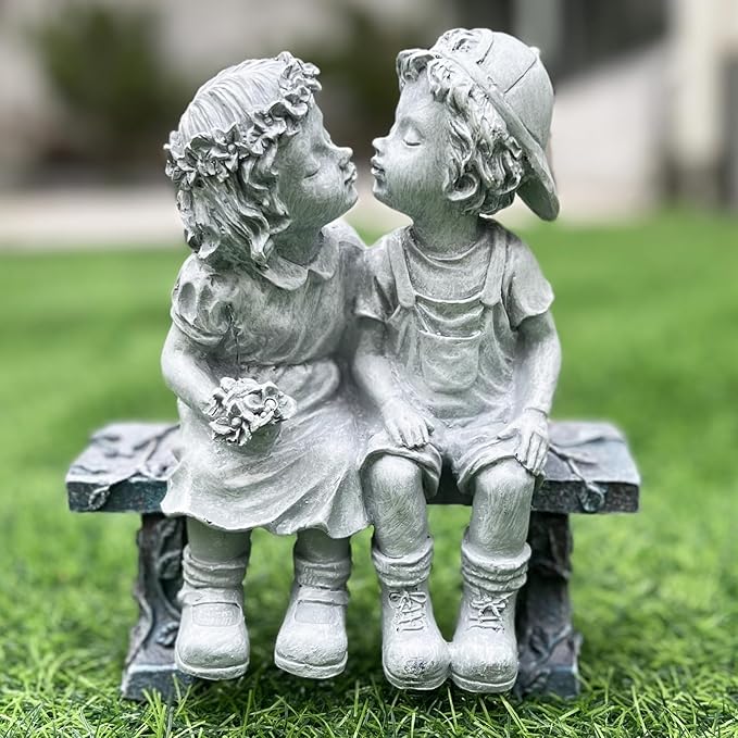Elenon Boy and Girl Garden Statue Decor, Couple First Kiss Garden DecorativeSculpture for Yard Patio Art Flower Bed Decoration, 8 1/4" L x 4 3/4" W x 9" H