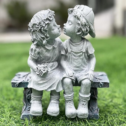 Elenon Boy and Girl Garden Statue Decor, Couple First Kiss Garden DecorativeSculpture for Yard Patio Art Flower Bed Decoration, 8 1/4" L x 4 3/4" W x 9" H