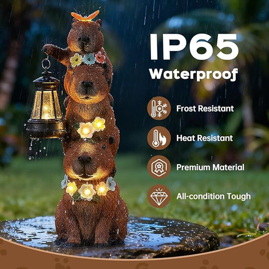 Capybara Solar Garden Statue, Outdoor Capybara Statue with Flower Decoration & Lantern Light, Funny Triple Capybara Decor for Women, Capybara Figurine for Yard Garden Patio Lawn Ornaments