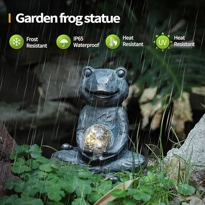 Solar Meditation Frog Garden Statue with Crackle Glass Ball Light, Zen Outdoor Decor, Waterproof Solar Powered Garden Sculpture, 8.7"
