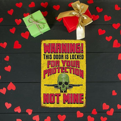 Funny No Trespassing Sign, Metal Warning Tin Signs, Door is Locked for your Protection, Yard Sign Garage Farm Garden Wall Decor Plaque Outdoor for Home Fence 8 X 12 Inches
