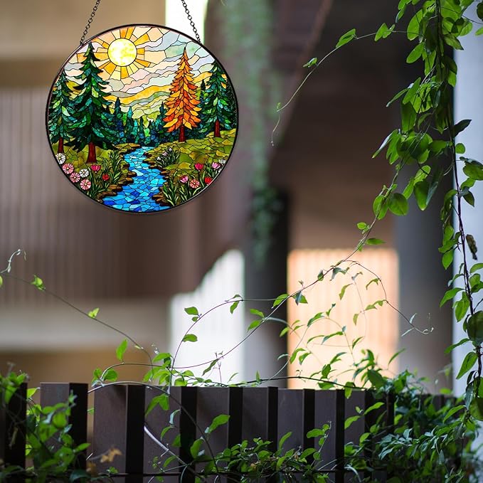 Forest Stained Glass Window Hanging Forest Sun Catcher Decor Nature Lovers Gifts for Women Suncatchers for Garden Home Windows Hanging Decoration, 7.87inch