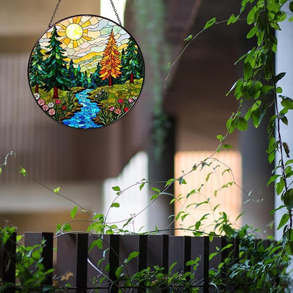 Forest Stained Glass Window Hanging Forest Sun Catcher Decor Nature Lovers Gifts for Women Suncatchers for Garden Home Windows Hanging Decoration, 7.87inch