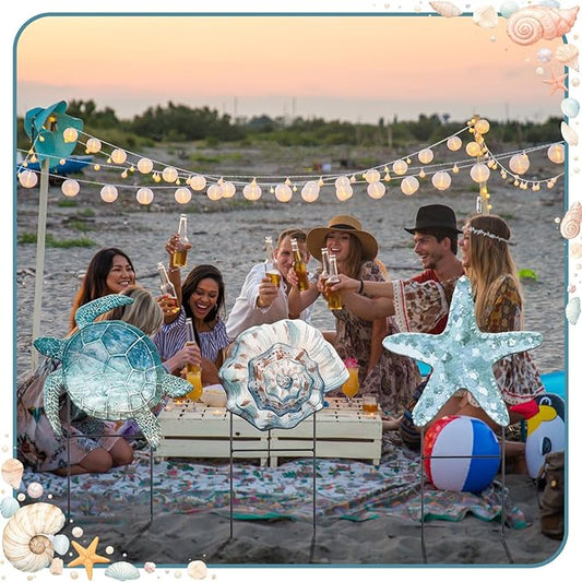 Moxweyeni 3 Pcs Metal Beach Outdoor Decoration 25 Inch Summer Ocean Theme Yard Sign Turtle Starfish Conch Coastal Outdoor Stakes for Garden Pool Lawn Holiday Party Take Photos