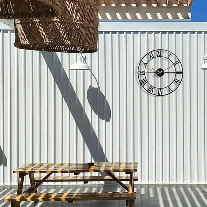 14 Inch Outdoor Clock for Patio, Large Poolside Wall Clock, Vintage European Industrial Skeleton Metal Clock, Silent Non-Ticking Battery Operated Outdoor Clock for Garden, Backyard, Porch or Fence