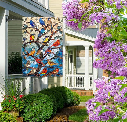 Stained Glass Spring Birds House Flag 28x40 Inch Double Sided Welcome Flag Burlap Large Outdoor Flag for Seasonal Farmhouse Yard Outdoor Decor