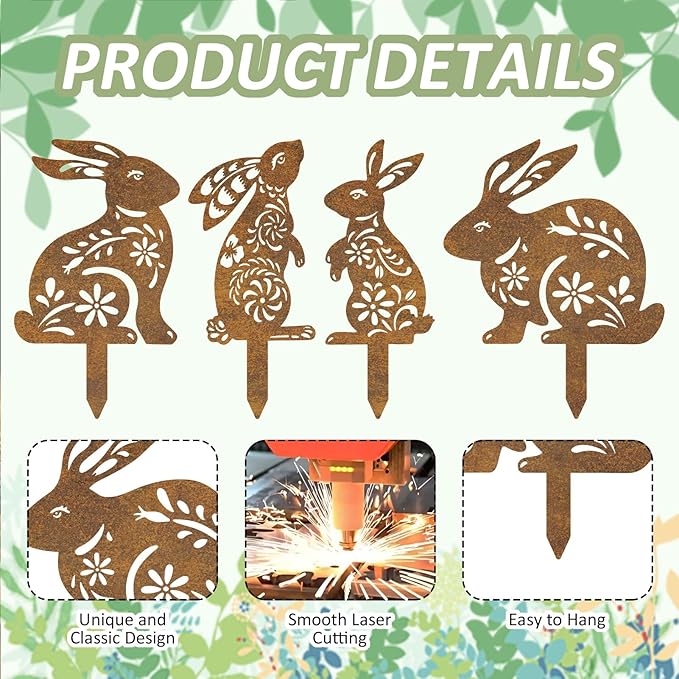 4 Pcs Metal Rabbits Garden Statues, Metal Rusty Yard Art Animals Garden Stakes Rabbit Silhouette,Rabbits Yard Art, Flowerbed Decoration, Outdoor Decor