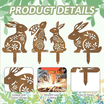 4 Pcs Metal Rabbits Garden Statues, Metal Rusty Yard Art Animals Garden Stakes Rabbit Silhouette,Rabbits Yard Art, Flowerbed Decoration, Outdoor Decor