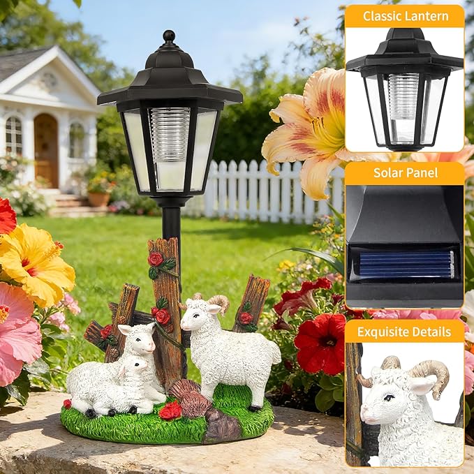 Solar Sheep Garden Outdoor Decor, Farmhouse Sheep Statue with LED Lantern, Decorative Lawn Lights Waterproof Resin Animal Figurine for Yard Patio Pathway Landscape Gift for Mother's Day