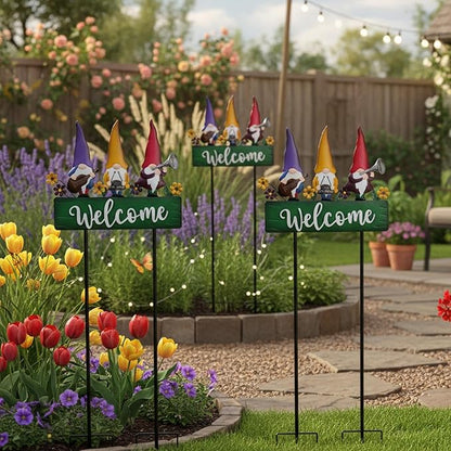 Spring Gnomes Decorations for Yard with Garden Welcome Sign, Large 43.3inch Musical Gnome Decorative Garden Stakes Metal Yard Art for Outdoor Lawn Decorations