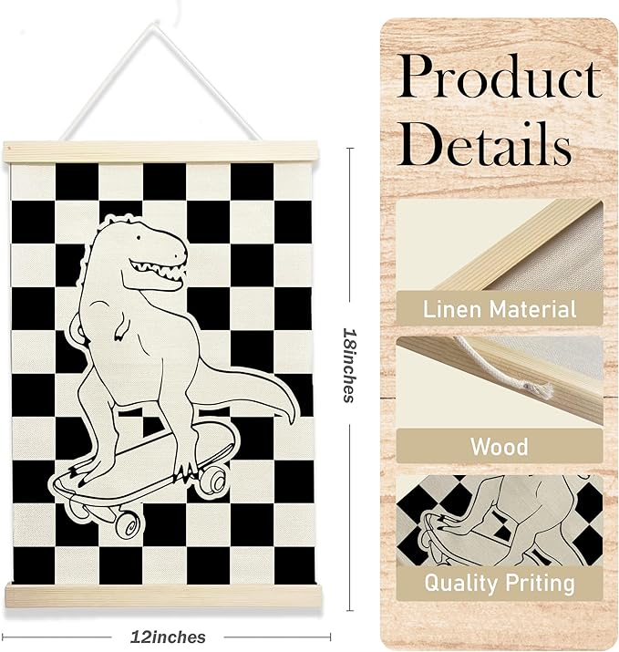Skateboarding Dinosaur Wall Art, Checkered Black and White Kids Room Decor, Cool Poster for Boys Bedroom or Playroom, 12x17 Inch Canvas Hanging (135)