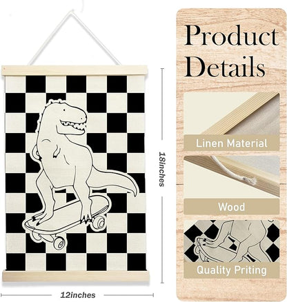 Skateboarding Dinosaur Wall Art, Checkered Black and White Kids Room Decor, Cool Poster for Boys Bedroom or Playroom, 12x17 Inch Canvas Hanging (135)