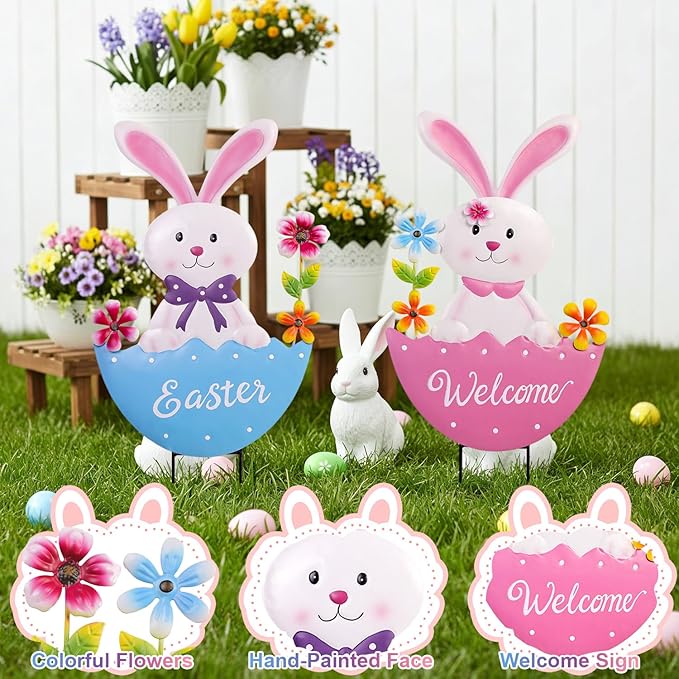 Easter Decorations Outdoor, 25 Inch Cute Bunny Flowers Decorative Garden Stakes for Easter Decor, Welcome Metal Yard Sign for Home Spring Outside Garden Front Porch Lawn Backyard