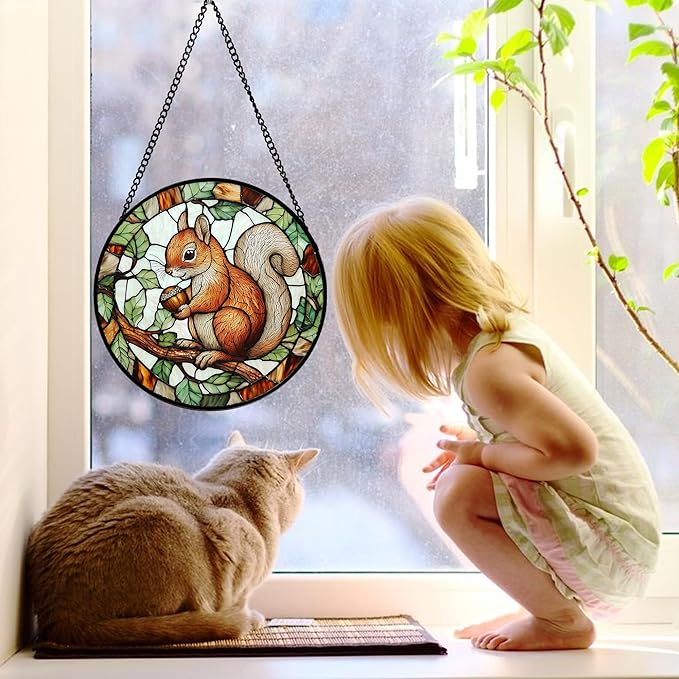 DASTOLL Stained Glass Window Hanging, Squirrel on a Branch Suncatcher Diamond Glass Panel Animal Sun Catchers Decor for Birthday for Women, Men, Wife, Aunt, and Mom 9.8 in
