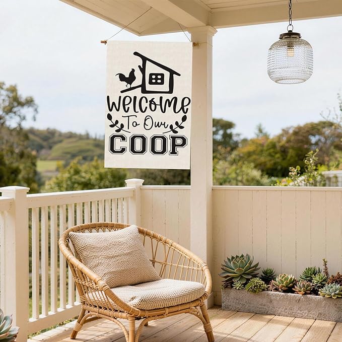 Black Chicken Welcome to Our Coop Large House Flag Burlap 28X40 Inch Vertical Double Sided Outside Yard Holiday Outdoor Farmhouse Decoration