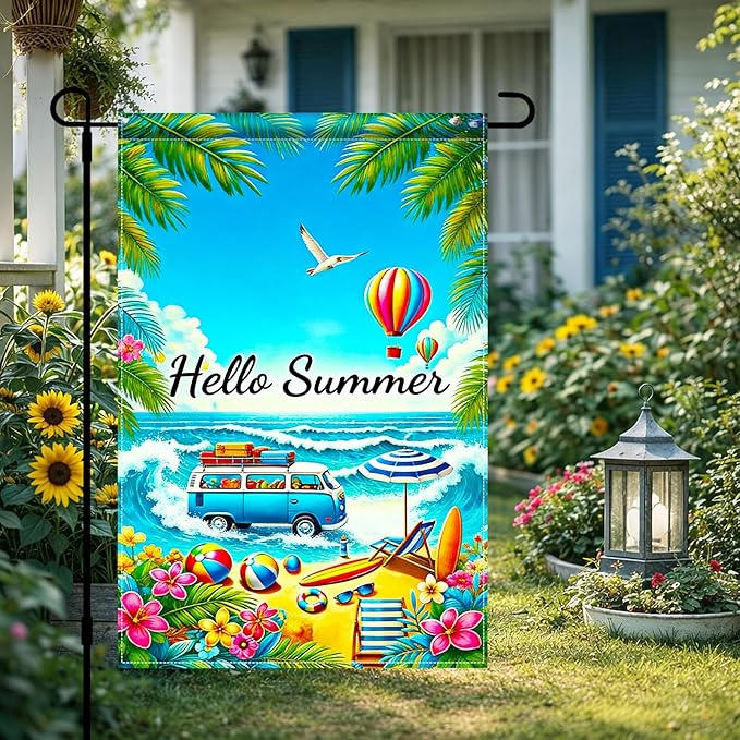 BlissYard Hello Summer Beach Garden Flag 12x18 Double Sided Vertical Outdoor Decor Van Surf Ocean Tropical Yard Garden Lawn Banner Coastal Seasonal Display