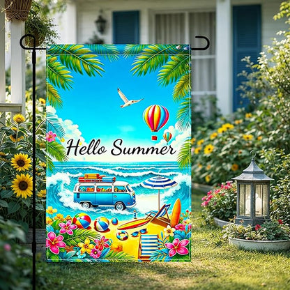 BlissYard Hello Summer Beach Garden Flag 12x18 Double Sided Vertical Outdoor Decor Van Surf Ocean Tropical Yard Garden Lawn Banner Coastal Seasonal Display