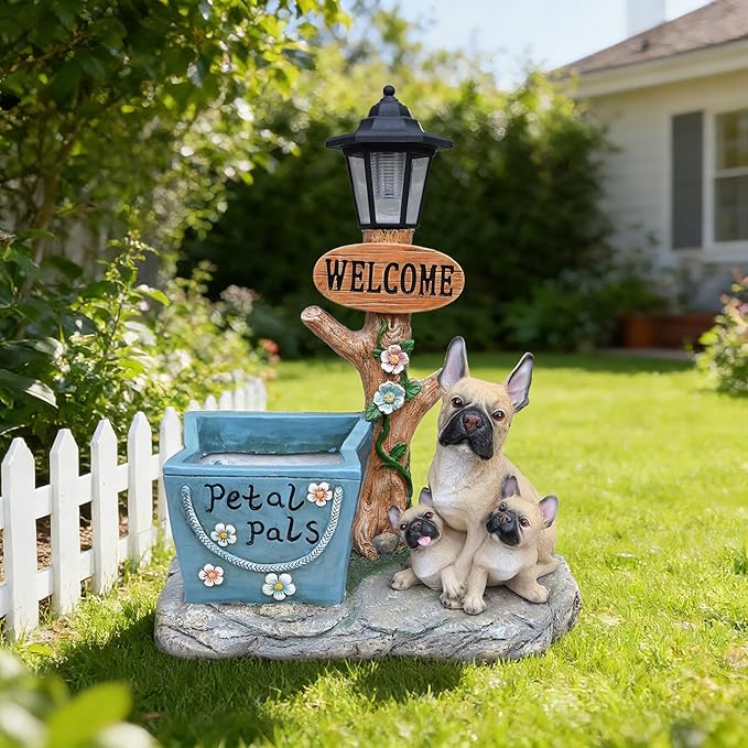 20" Solar Bulldog Family Garden Statue with Welcome Sign & Planter - Large Dog Sculpture with LED Street Lantern - Weatherproof Resin Decorative Flower Pot for Porch, Yard & Patio - Pet Lover Gift