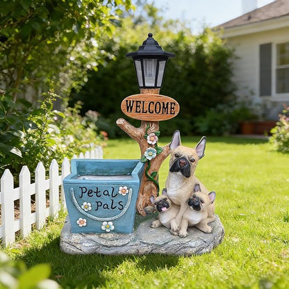20" Solar Bulldog Family Garden Statue with Welcome Sign & Planter - Large Dog Sculpture with LED Street Lantern - Weatherproof Resin Decorative Flower Pot for Porch, Yard & Patio - Pet Lover Gift