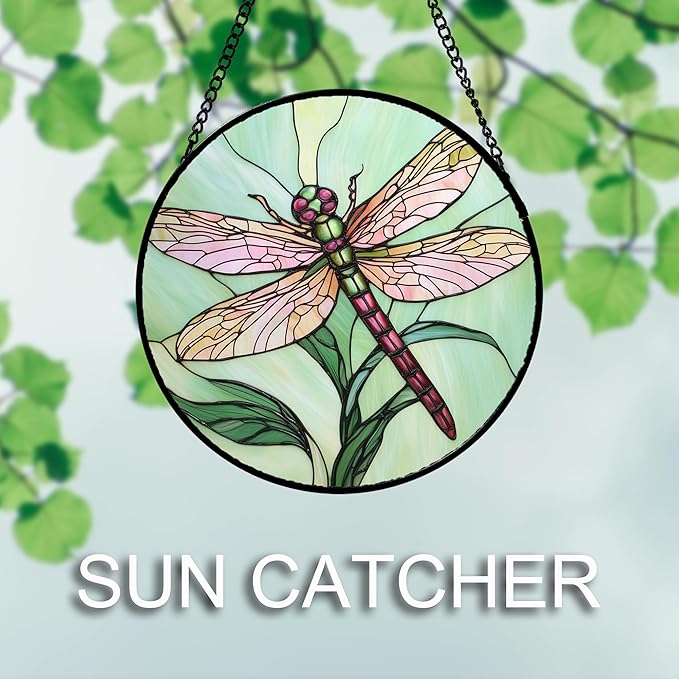 DASTOLL Stained Glass Window Hanging 4 Pcs Set Pink Green Insect Theme Large 11.8" - Butterfly Suncatcher Door Garden Sun Catcher Decor Birthday Christmas for Mom Woman Nana Men