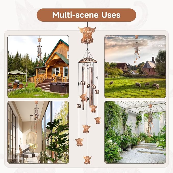 Highland Cow Wind Chimes for Outside,41" Metal Windchimes, Housewarming/Easter/Halloween/Festival/Birthday/Anniversary Highland Cow Gifts for Women/Men, Cow Decorations for Outside, Garden or Yard