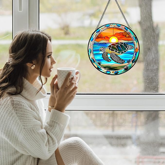 Sea Turtle Stained Glass Window Hanging Suncatchers, Coastal Ocean Sun Catchers Indoor Window Glass Wall Art Decor, Ocean Beach Wall Hanging Decorations Sculptures, Sea Turtle Gift, 7.9x7.9in