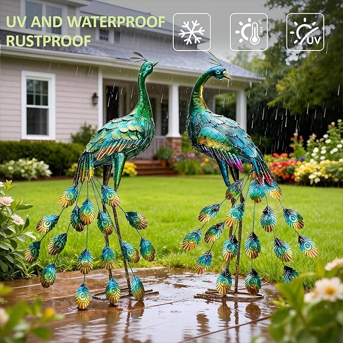 Kircust Metal Peacock Sculptures - Set of 2 Outdoor Garden Yard Art, Durable Weather-Resistant Lawn Statues, Hand-Painted, 30.7" H - Ideal for Backyard, Patio, and Porch Decor
