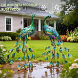 Kircust Metal Peacock Sculptures - Set of 2 Outdoor Garden Yard Art, Durable Weather-Resistant Lawn Statues, Hand-Painted, 30.7" H - Ideal for Backyard, Patio, and Porch Decor