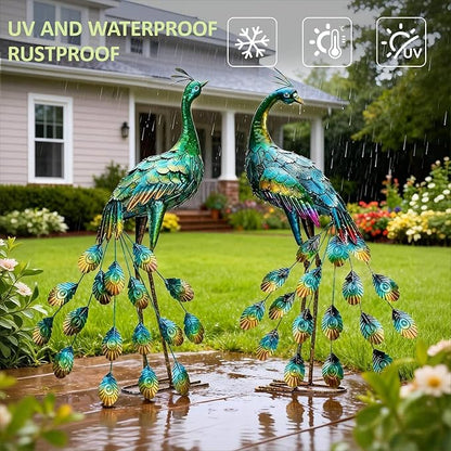 Kircust Metal Peacock Sculptures - Set of 2 Outdoor Garden Yard Art, Durable Weather-Resistant Lawn Statues, Hand-Painted, 30.7" H - Ideal for Backyard, Patio, and Porch Decor