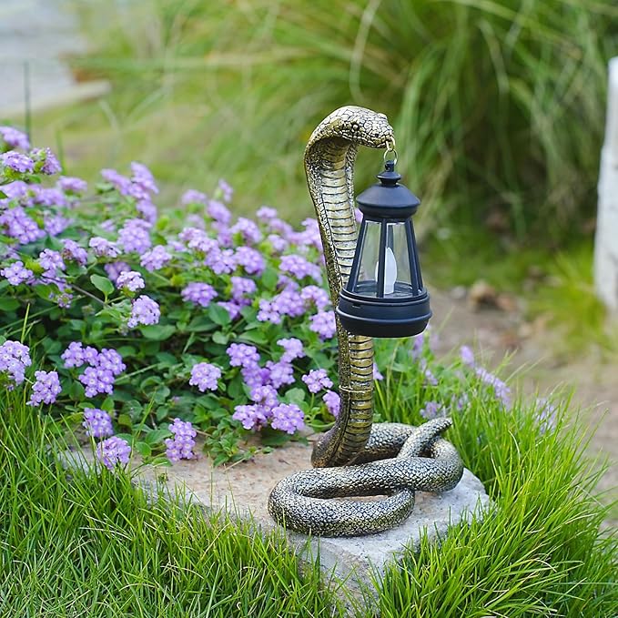 Solar Garden Outdoor Statues Snake with Solar Lights Outdoor Chrismtas Decorations - Lawn Decor Snake Statue for Patio, Balcony, Yard Ornament - Unique Housewarming Gifts (Bronze Colored)