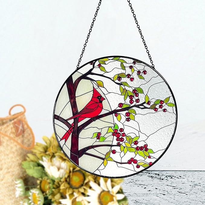 Stained Glass Window Hanging Sun Catcher 11.8”- Cardinal in Full Moon Stained Glass Suncatcher, Red Berry Tree, Nature, Indoor Decor, Wall Art, Gifts for Women