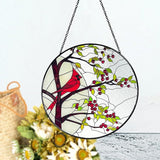 Stained Glass Window Hanging Sun Catcher 11.8”- Cardinal in Full Moon Stained Glass Suncatcher, Red Berry Tree, Nature, Indoor Decor, Wall Art, Gifts for Women